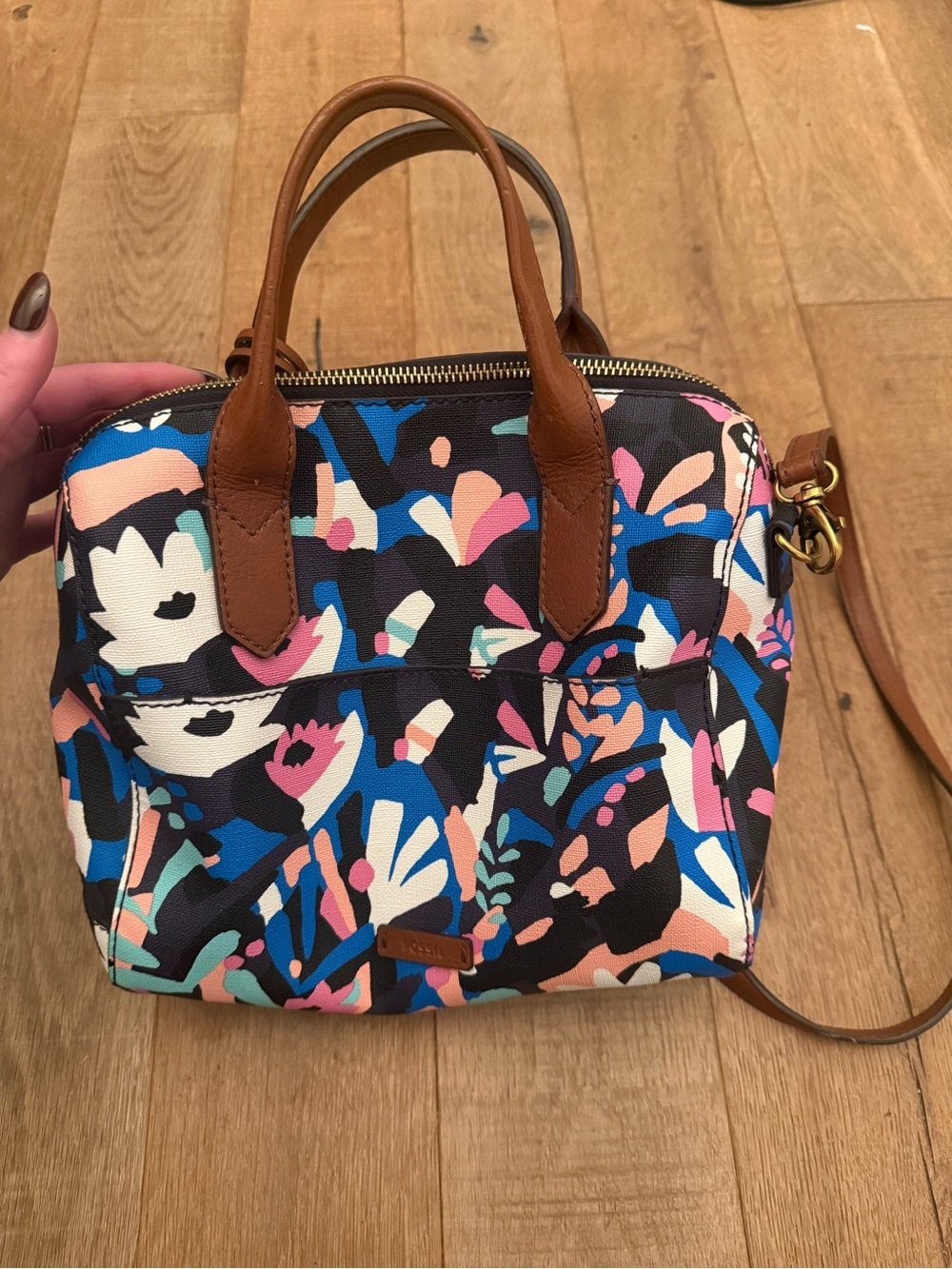 Fossil Multicolor Floral Crossbody Satchel with Brown Leather Trim